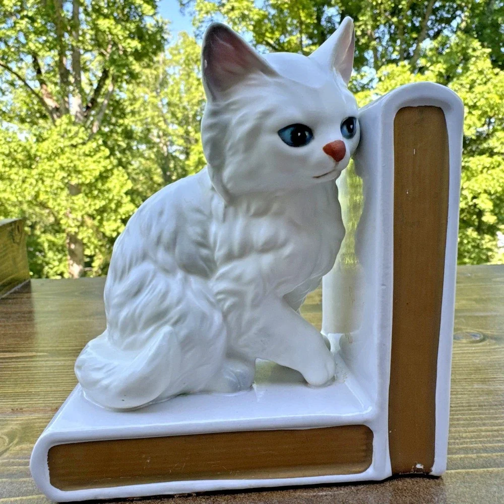 Vintage Lefton Japan White Cat Bookends Ceramic Persian Kitten Book Ends - Picture 5 of 16